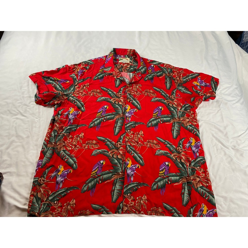 Paradise Found Hawaiian Shirt Mens 2XL Red Parrot Palm Tropical Excellent Aloha